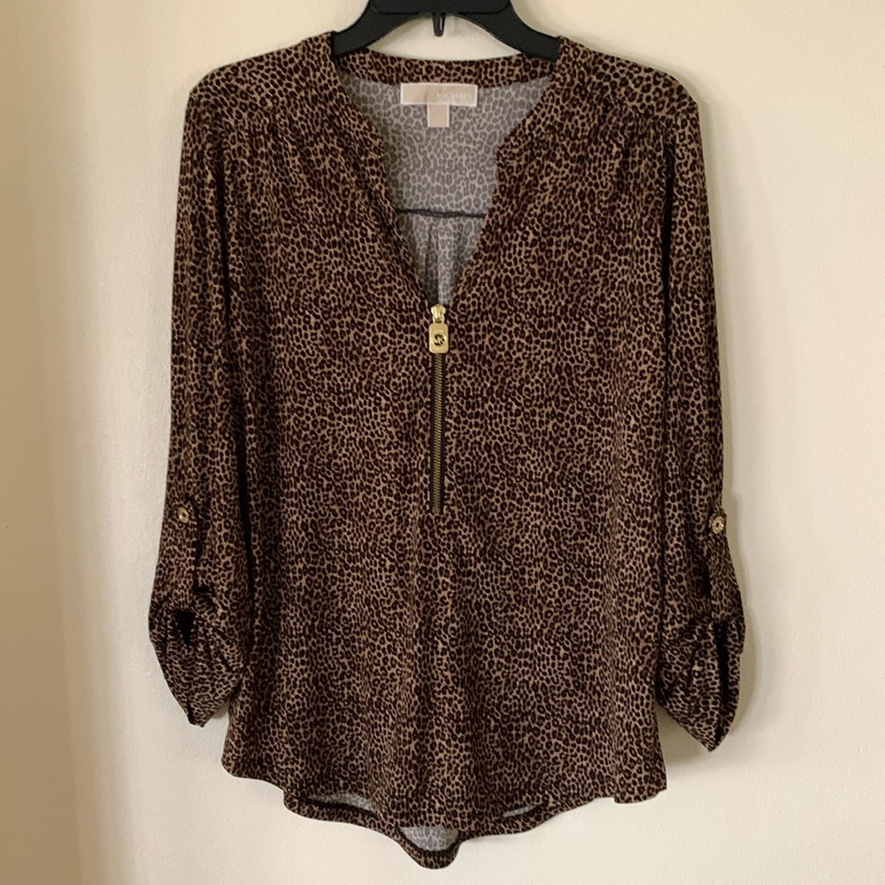 MICHAEL Michael Kors Brown Leopard Print Zip Front Blouse